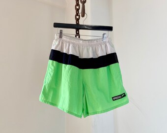 Vintage 90s Neon Green Stripe Speedo Mesh-Lined Elastic Waist Swim Trunks Size M