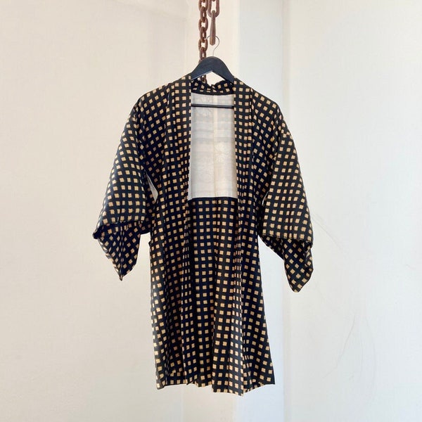 Vintage Black and Gold Check Print Silk Kimono Jacket/robe - One Size for all