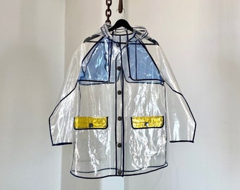 Vintage Clear Vinyl Button Up Hooded Raincoat