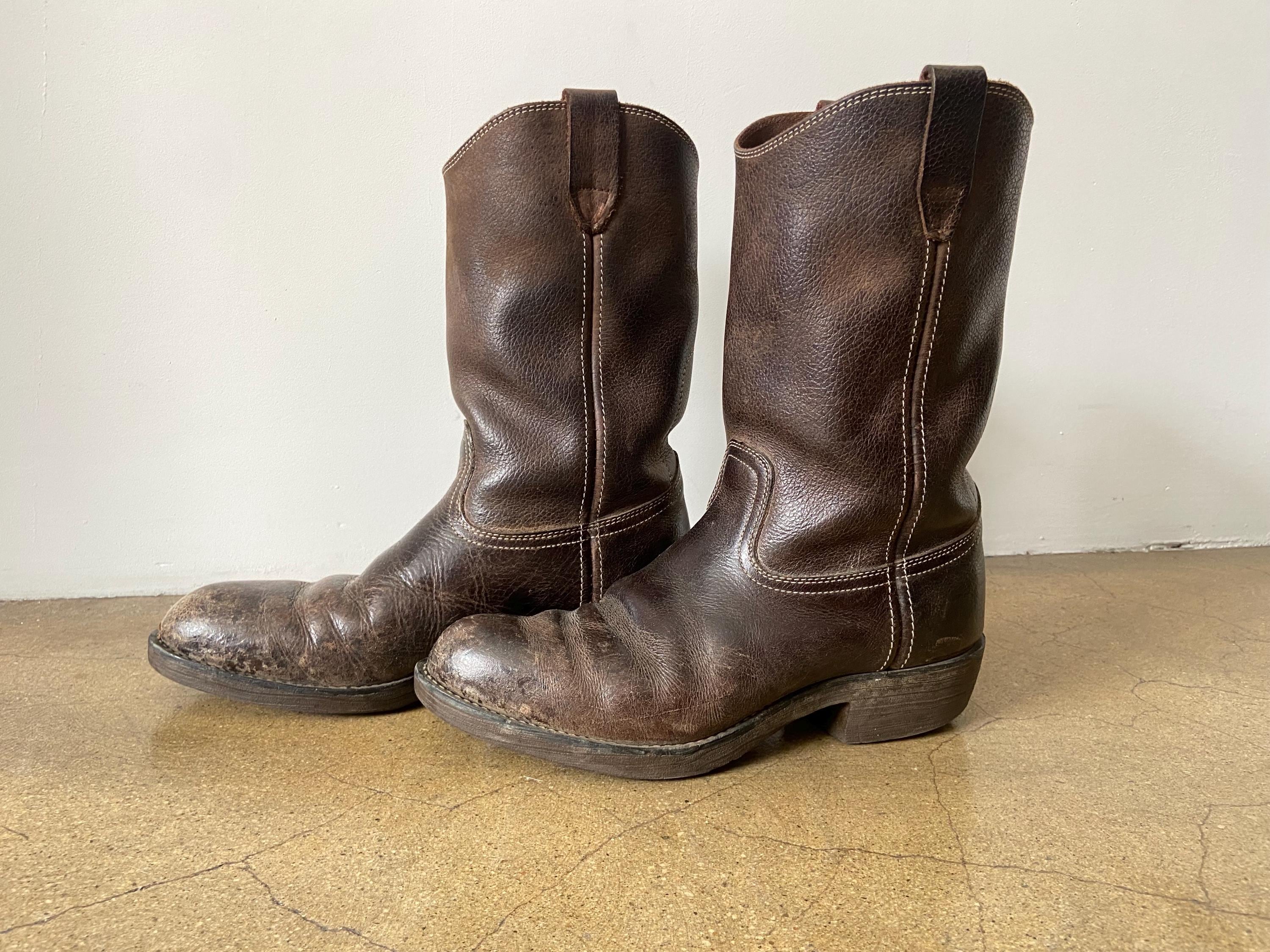 Vintage Brown Leather Cowboy Boots - Size 9.5 Wide - Made in 