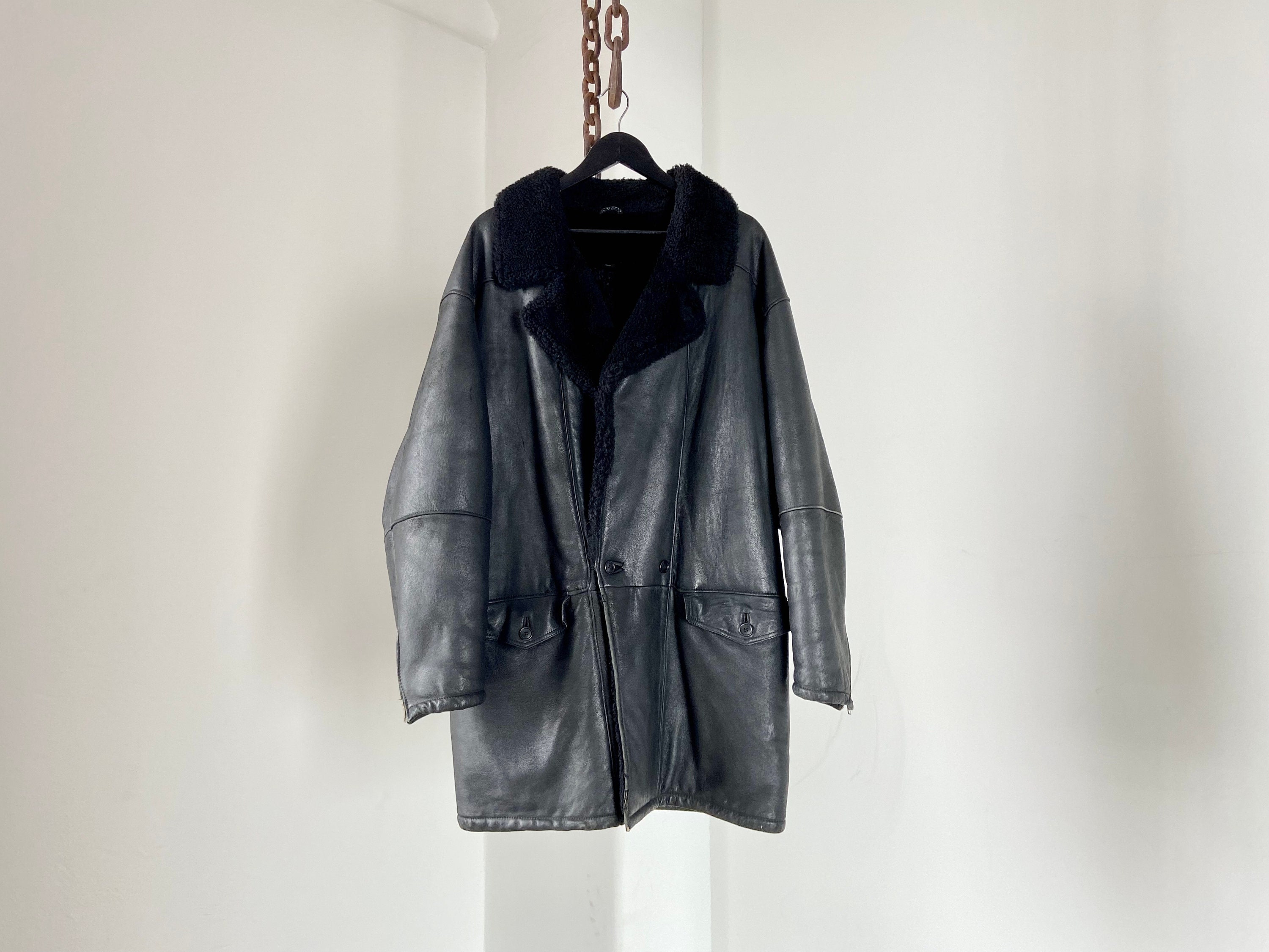 Vintage the Douglas Brand Black Lambskin Leather Coat Shearling