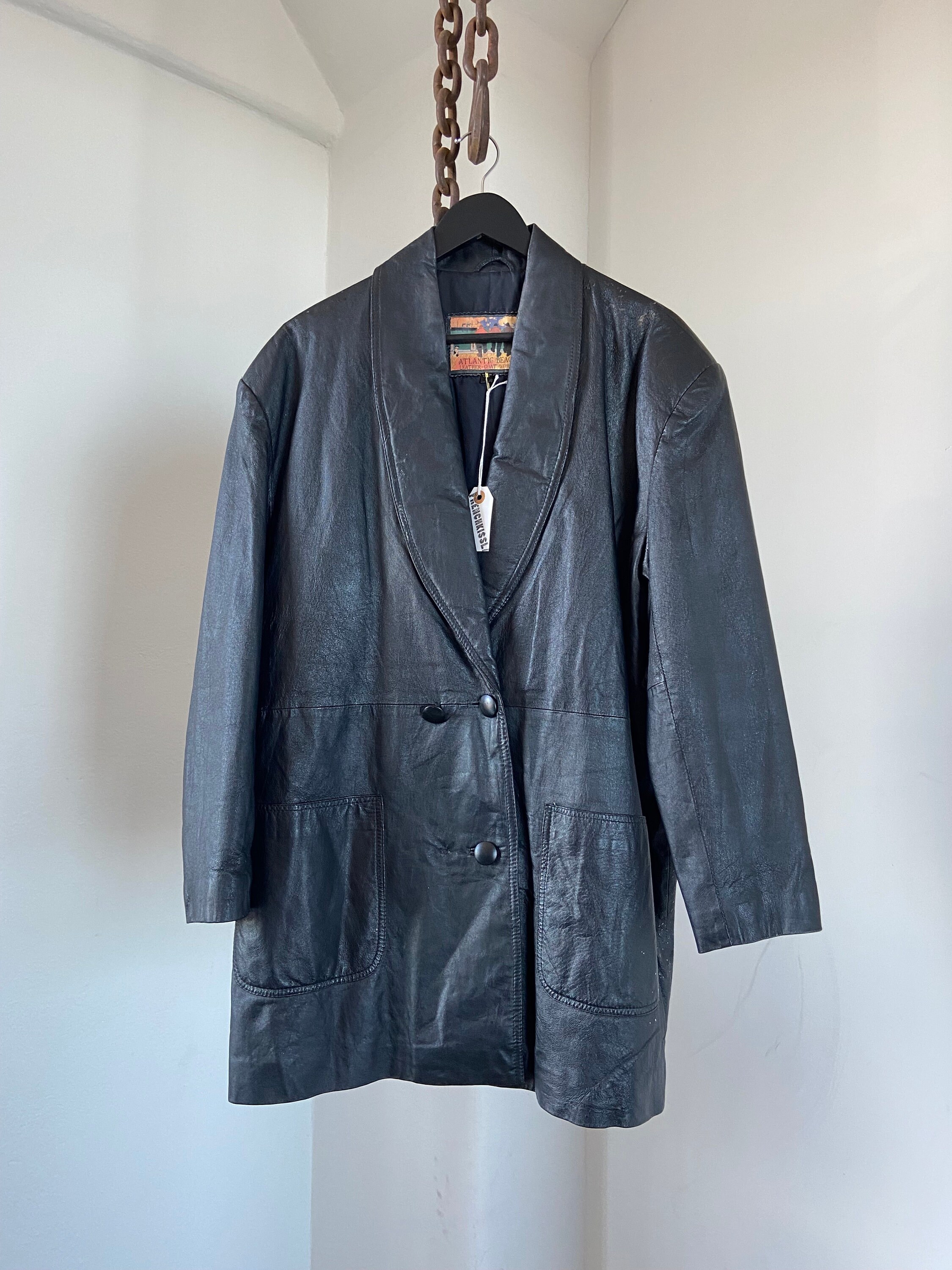 ヴィンテージ ブラック レザー コート：ショールカラー ダブルブレスト