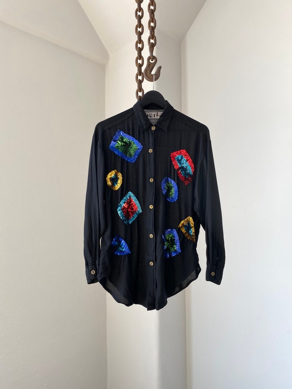 80s Black Embroidered Sequins Shirt / brand QUIZZ - image 2