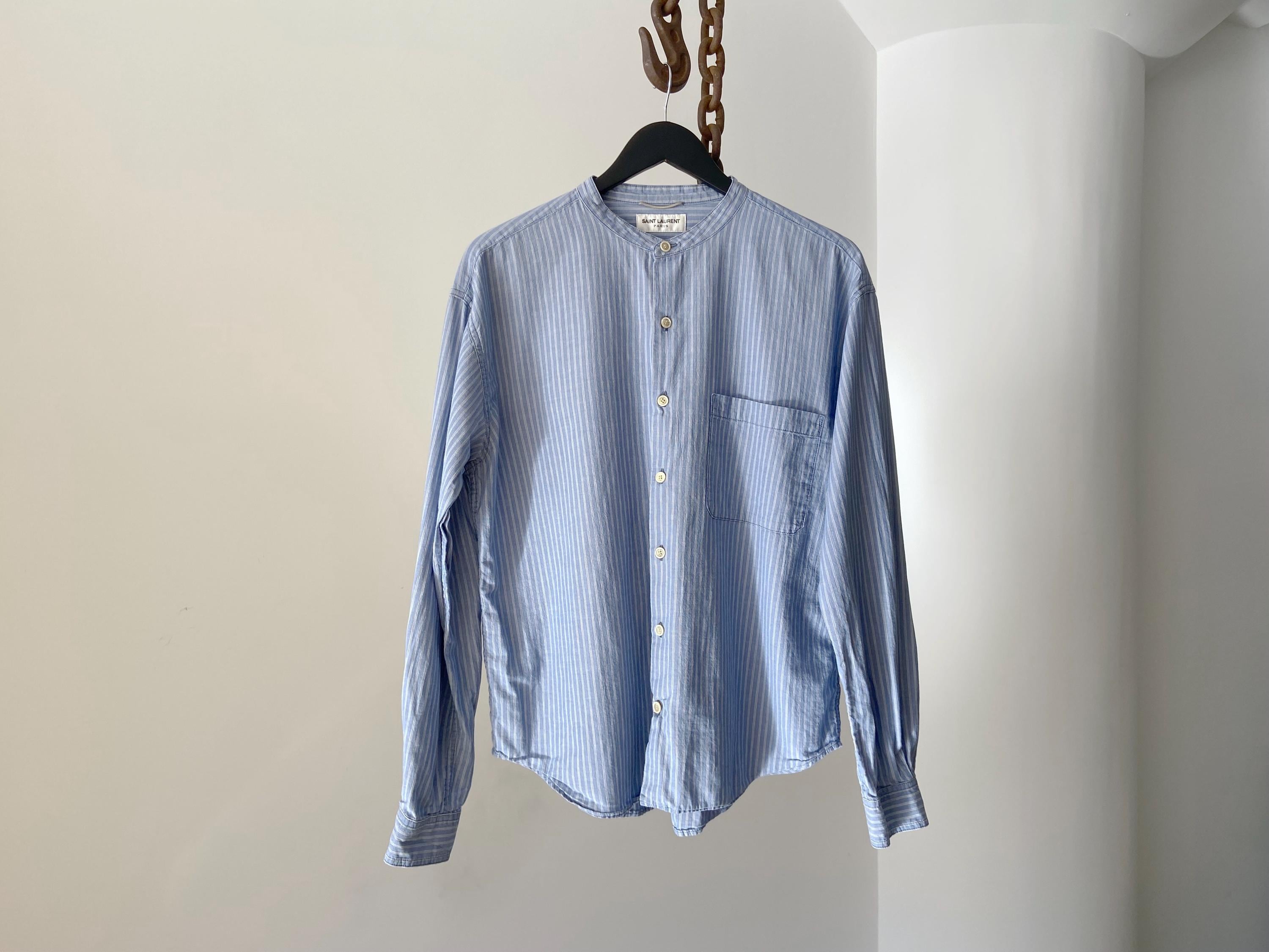 YSL - Saint Laurent Paris Blue Railroad Stripe Band Collar Button-front Shirt - Fit Small Medium - Etsy YSL - Saint Laurent Paris Blue Railroad Stripe Band Collar Button-front Shirt - Fit Small Medium - Etsy