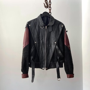 Vintage 80s Black Purple Leather & Suede Moto Bomber Jacket Size 34