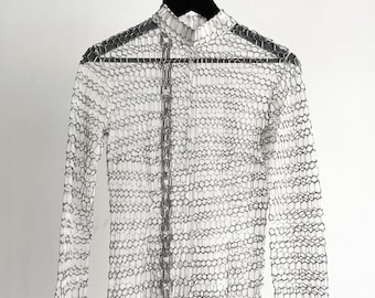 Vintage Snythetic Sheer Metallic Geometric Pattern Long Sleeve Mockneck Bodysuit