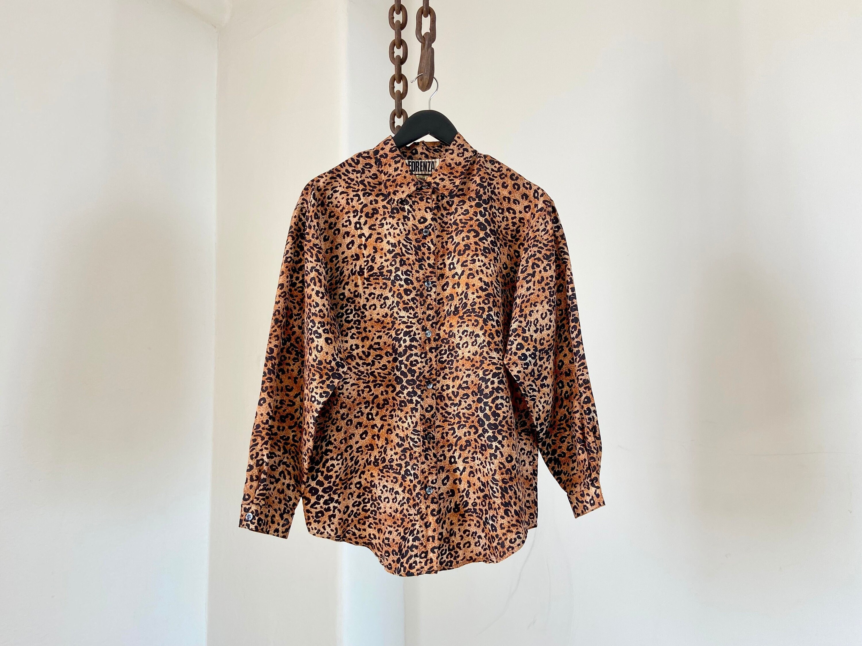 Vintage Cheetah Leopard Print Firenze 100% Silk Button-up