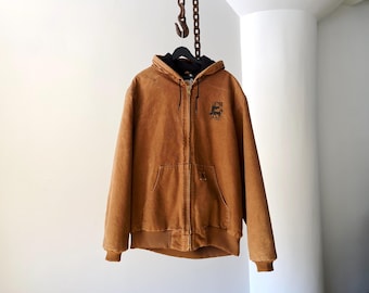Vintage brun ingefära Carhartt J130 huvad bomberjacka med dragkedja och rävtryck - storlek XL