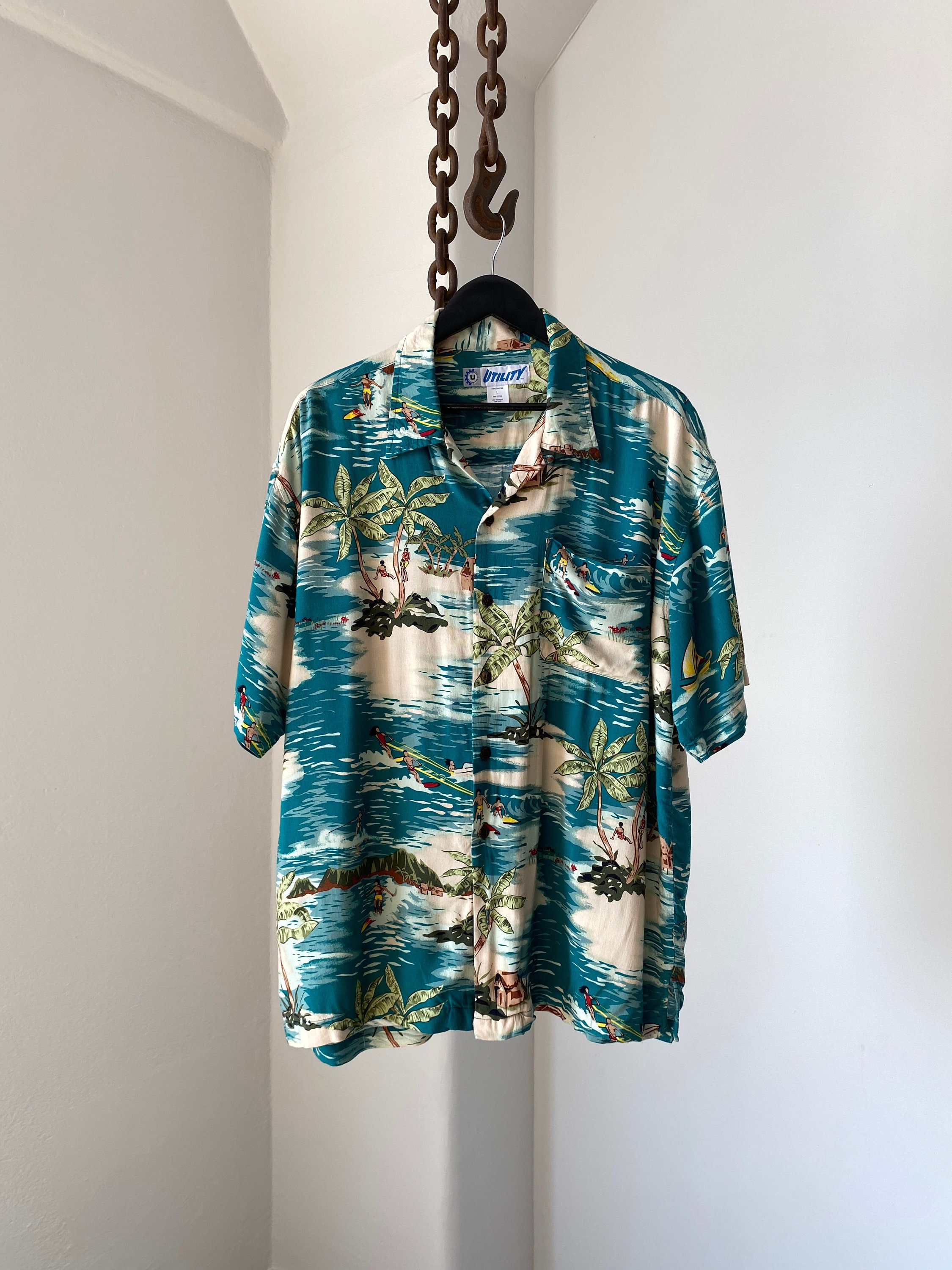 Hawaiian Rayon Shirt With Palm Trees and Surfers in the Blue Green