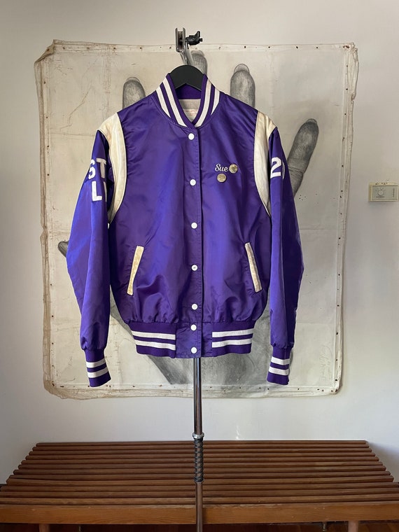 80s Purple "SUE" Nylon Varsity Jacket with Soccer 