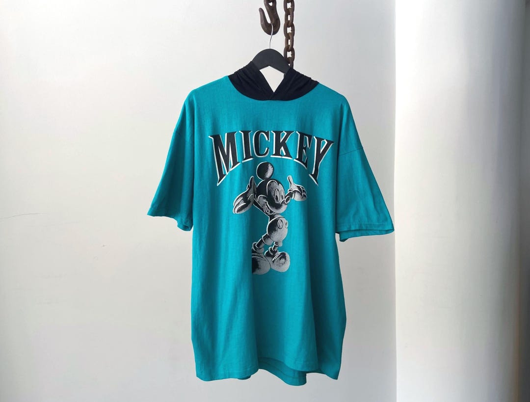 Vintage Teal Turqoise Disney Mickey Graphic Hooded Short Sleeve T