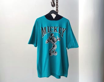 Vintage Teal Turqoise Disney Mickey Graphic Hooded Short Sleeve T