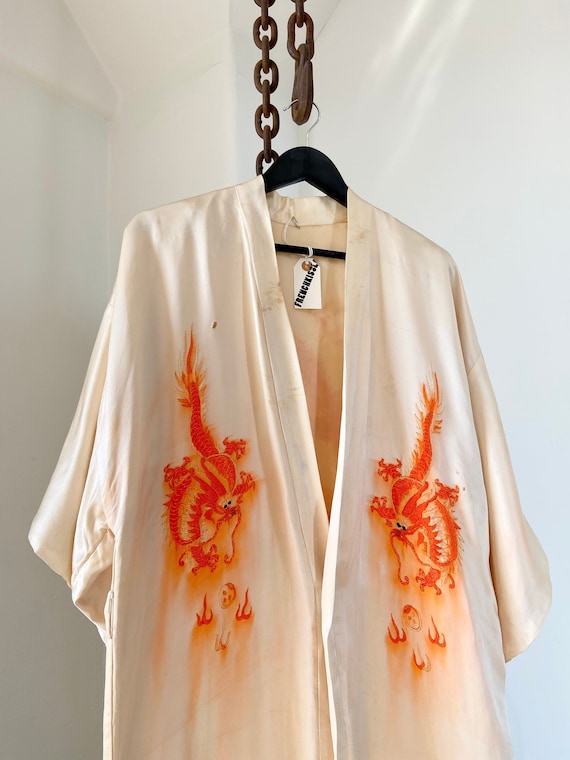 Vintage Cream Silk Orange Embroidered Dragon Orien