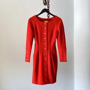Vintage Red Christian Lacroix Prêt-A-Porter Italy Wool Blend Gold Snap Closure Body-con Dress