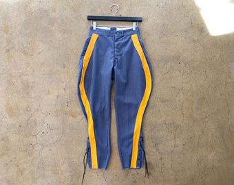 Vintage Equestrian Jodhpurs: Blue Uniform Pants with Yellow Stripe, Size 26