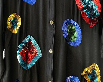 80er Jahre Schwarzes Besticktes Pailletten Shirt / Marke QUIZZ