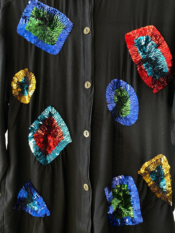 80s Black Embroidered Sequins Shirt / brand QUIZZ