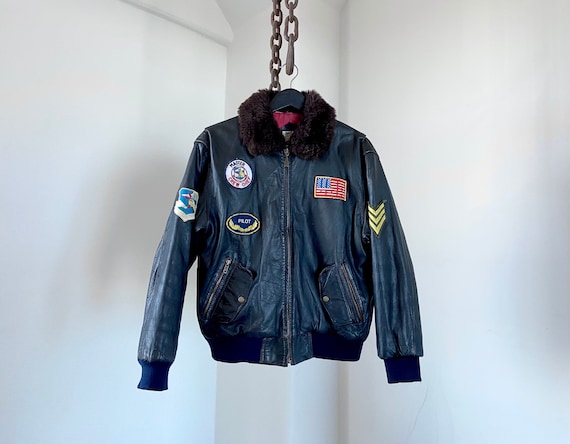 Vintage London Fog Black Leather Flight Bomber Jacket With