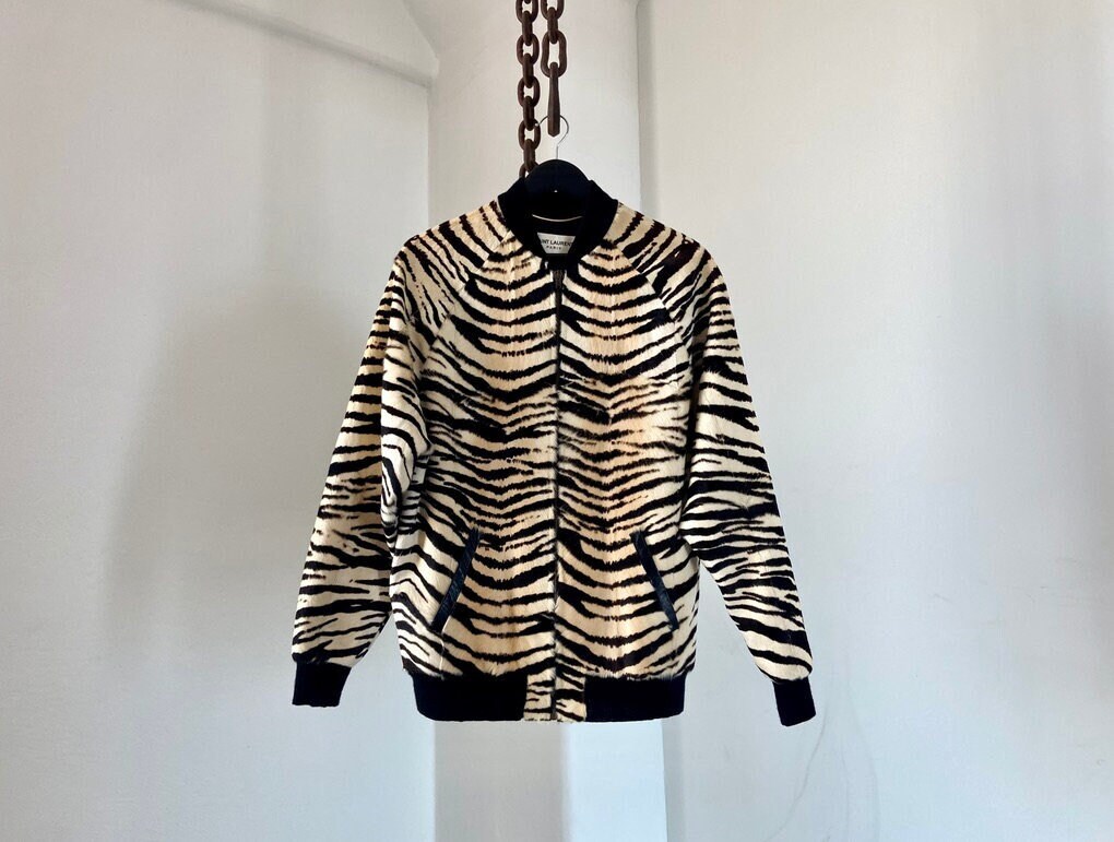 Saint Laurent Paris Tiger Print on Calf Fur Bomber Teddy Saint Laurent Paris Tiger Print on Calf Fur Bomber Teddy