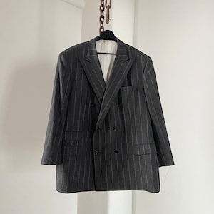 Vintage Grey Wool Chalk Stripe Double Breasted Peak Lapel Suit Jacket Size 46L