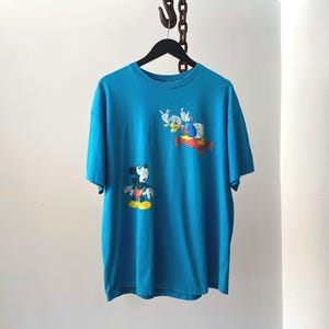 Vintage Blue Disney Designs Cotton Donald Duck Mickey Front Graphic T-Shirt Size L/XL USA