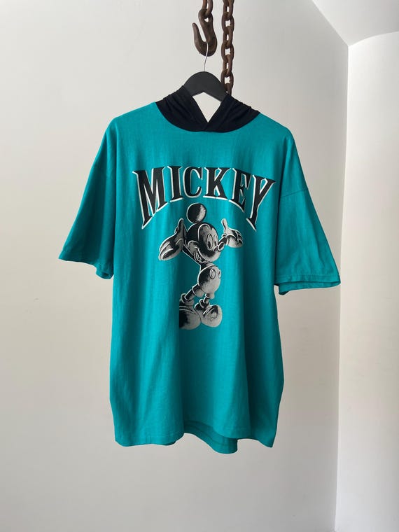 Vintage Teal Turqoise Disney Mickey Graphic Hooded Short Sleeve T