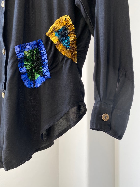 80s Black Embroidered Sequins Shirt / brand QUIZZ - image 4