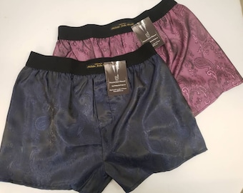 silk boxer shorts paisley pattern made in France NAVY and PINK