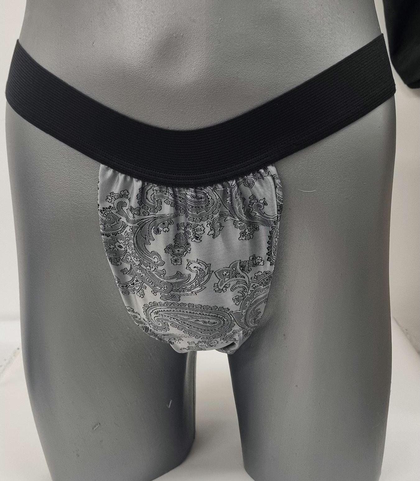 Men SILVER shiny silk paisley pattern briefs tanga like underwear fully lined with silky finish.