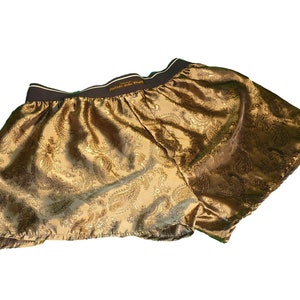 men's boxer shorts in gold silk with paisley pattern, handmade and made in France