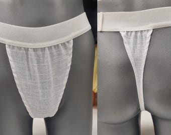 Men G-string briefs underwear in natural linen. Cheeky boy thong sexy underwear for man.