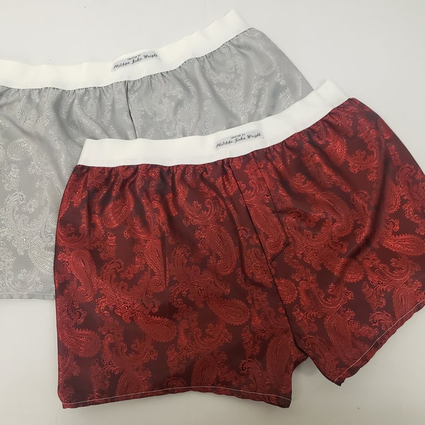 Two silk boxer shorts double bundle paisley motif made in France Red and Silver