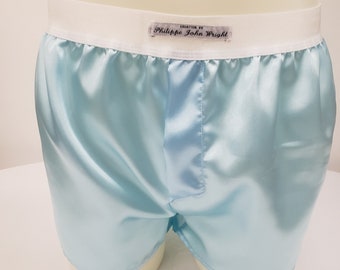 pale blue satin boxer shorts for men made in France
