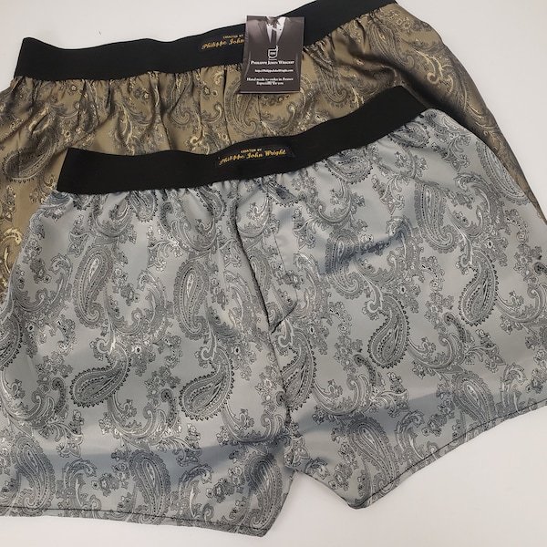 Two silk boxer shorts double bundle paisley motif made in France SILVER & GOLD.