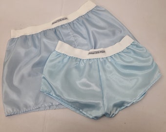 His and her satin PALE BLUE boxer short and boy shorts bundle hand made in France.