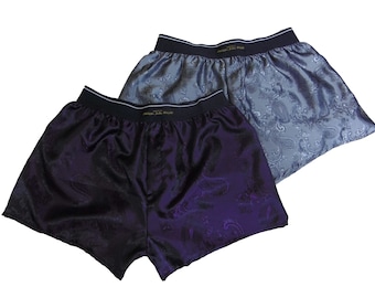 silk boxer shorts paisley pattern made in France PURPLE and SILVER