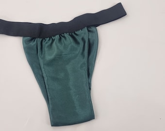 Men GREEN shiny satin briefs tanga like underwear fully lined with silky finish.