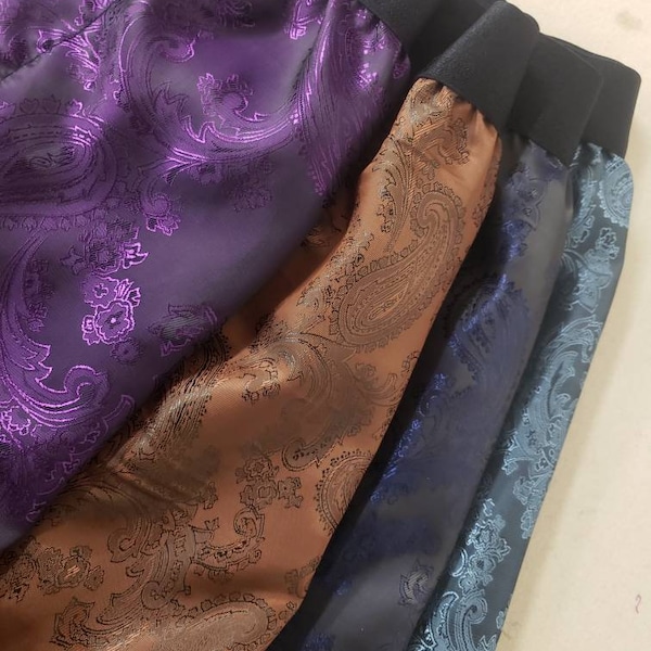 FOUR silk boxer shorts  bundle paisley motif made in brown, purple, navy blue, metalic blue.