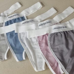 Herrtrånga trosor i blått, rosa, beige, grått, ekologiskt linne, tangaliknande, helfodrade, mjuka, elastiska trosor