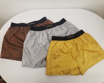 Three silk boxer shorts triple bundle paisley pattern made in France GOLD, SILVER and BRONZE