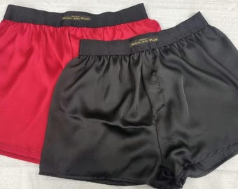 silk boxer shorts burgandy red and black light see through underwear for men handmade in France for husband gift boyfriend present for him