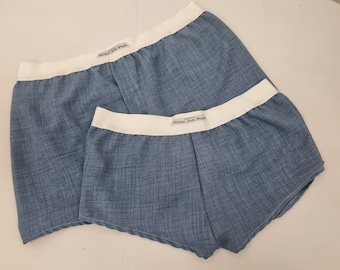 His and her linen BLUE boxer short and boy shorts bundle hand made in France.