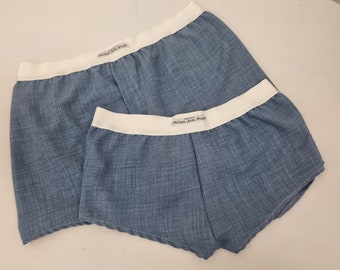 His and her linen BLUE boxer short and boy shorts couple gift matching underwear bundle hand made in France.