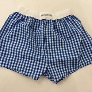 May include: Blue and white checkered boxer shorts with a white waistband. The shorts have a classic gingham pattern and a button closure. The waistband has a small label with text.