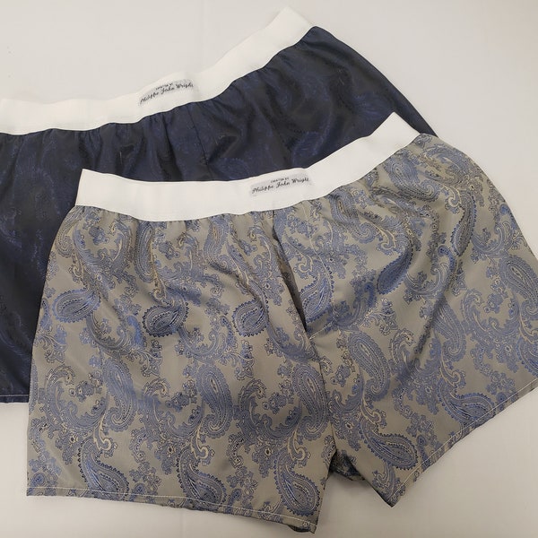 Two silk boxer shorts double bundle paisley motif made in France navy and royal blue