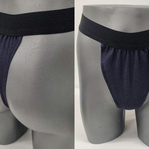 Men G-string briefs underwear in natural navy linen. Cheeky boy thong sexy underwear for man.