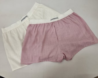 pink and off white LINEN men boxer short with white elastic.
