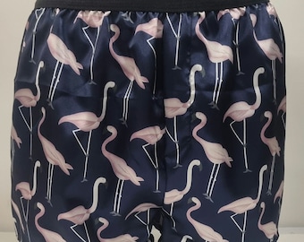 Men pink Flamingo silky satin boxer shorts hand made in France