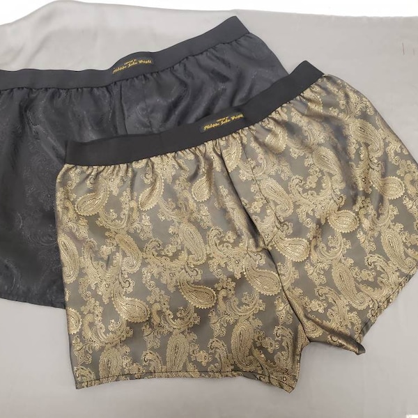 Gold and Black Two silk boxer shorts double bundle paisley motif made in France