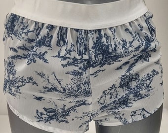 Womans boyshort in toile de jouy muslin fabric porcelain pattern breathable girlfriend underwear handmade in France
